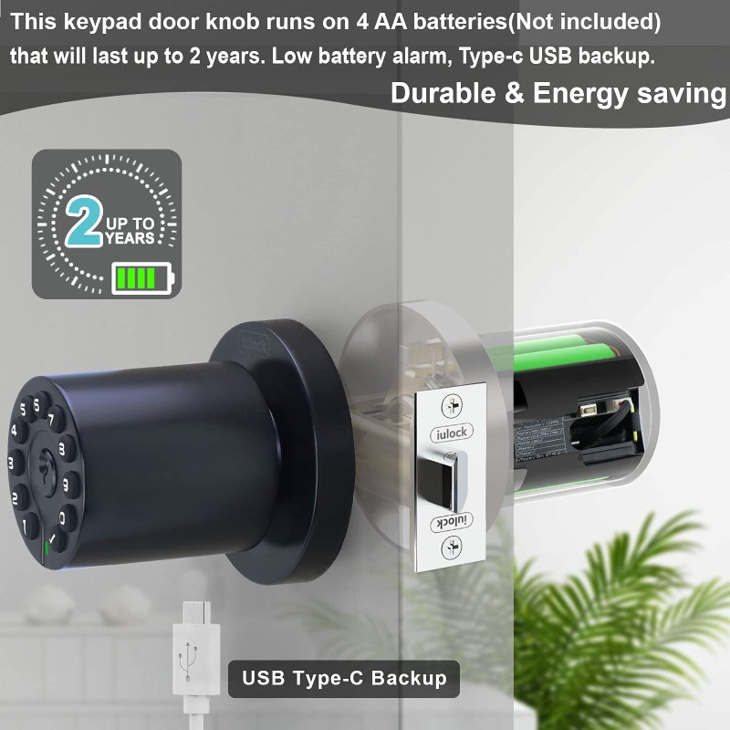 iulock IU-20 رمز قفل الباب مقبض الباب الإلكتروني مع لوحة المفاتيح ومفتاح القفل التلقائي وظيفة المرور المقاومة للماء عمر البطارية الطويل 50 رمزًا سهل الاستخدام والتركيب للمكتب/المستودع/غرفة النوم/المرآب - Image 5